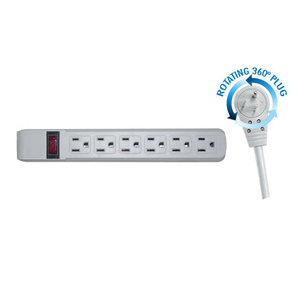 ACCL 6ft Power Cable with 6 Outlet Power Strip, Flat Rotating Plug